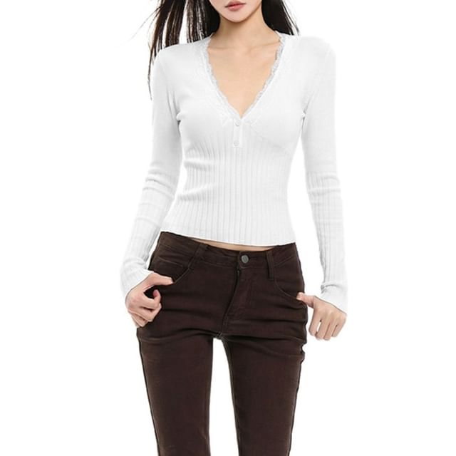 Long Sleeve V-Neck Plain Lace Trim Ribbed Knit Top