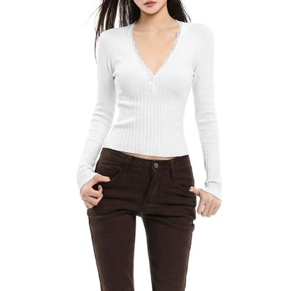 Long Sleeve V-Neck Plain Lace Trim Ribbed Knit Top