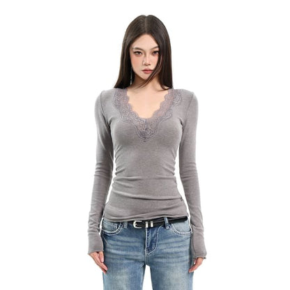 Long Sleeve V-Neck Plain Panel Lace Top
