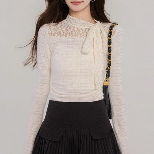 Long-Sleeve Mock Neck Lace Panel Ruched Slim Fit Top