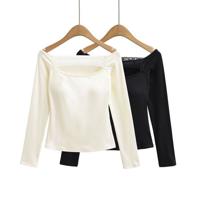 Off-Shoulder Lace Panel Cutout Long-Sleeve Crop Tee