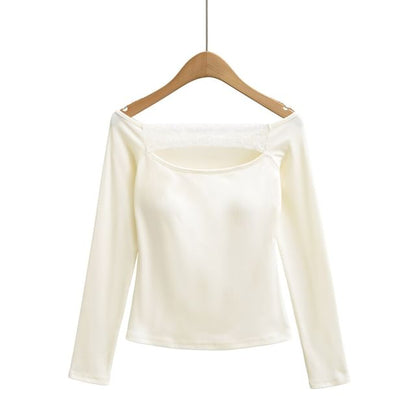Off-Shoulder Lace Panel Cutout Long-Sleeve Crop Tee