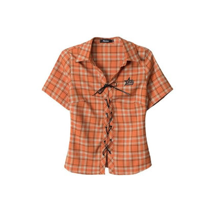 Short Sleeve Collared Plaid Lace Up Shirt