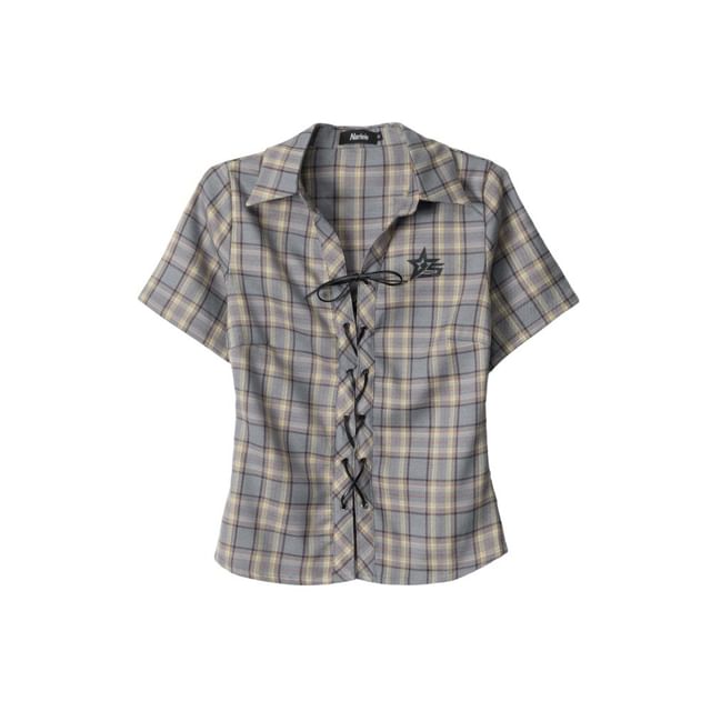 Short Sleeve Collared Plaid Lace Up Shirt