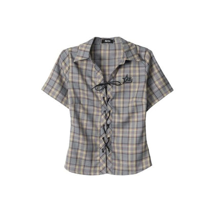 Short Sleeve Collared Plaid Lace Up Shirt