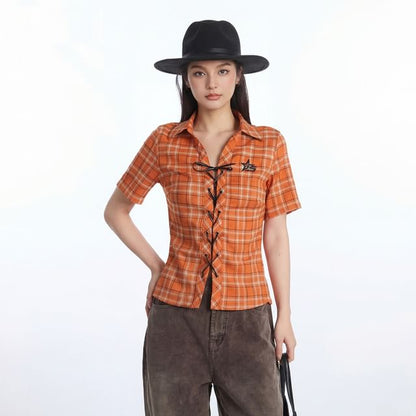 Short Sleeve Collared Plaid Lace Up Shirt