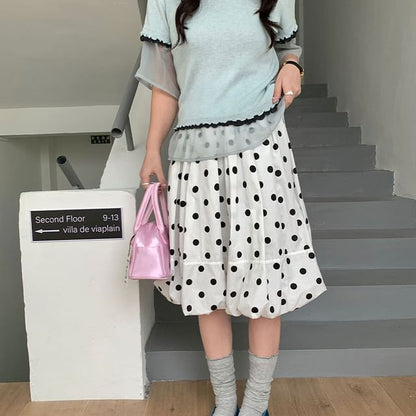 Polka Dot Midi A-Line Skirt High-Rise