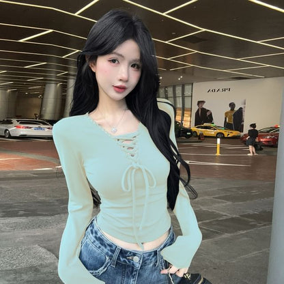 Long-Sleeve Lace-Up V-Neck Crop Tee