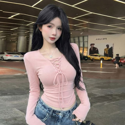 Long-Sleeve Lace-Up V-Neck Crop Tee