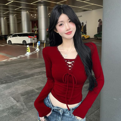 Long-Sleeve Lace-Up V-Neck Crop Tee