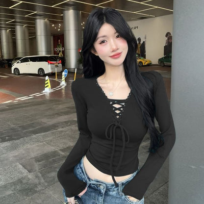 Long-Sleeve Lace-Up V-Neck Crop Tee