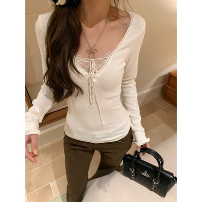 Long Sleeve V-Neck Plain Lace Up Panel Lace Top