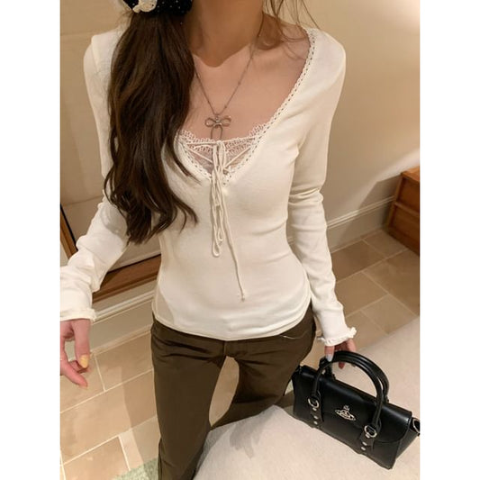 Long Sleeve V-Neck Plain Lace Up Panel Lace Top