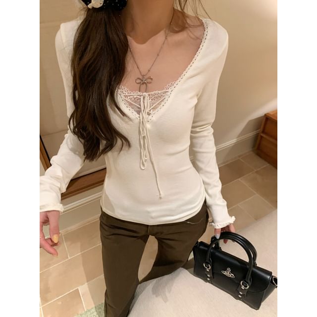 Long Sleeve V-Neck Plain Lace Up Panel Lace Top