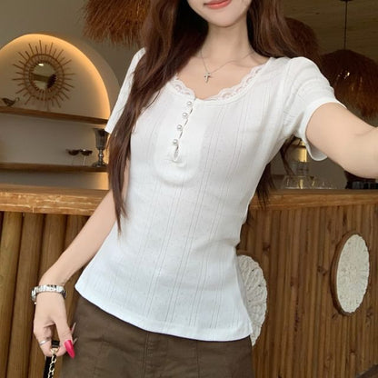 Short Sleeve Scoop Neck Plain Pointelle Faux Pearl Button Lace Trim Top