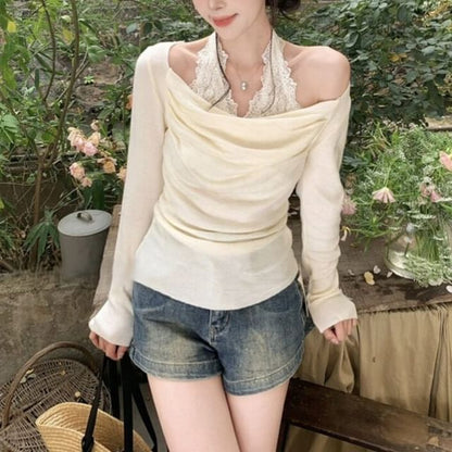 Long Sleeve Cold Shoulder Ruched Mock Two Piece Lace Panel Knit Top