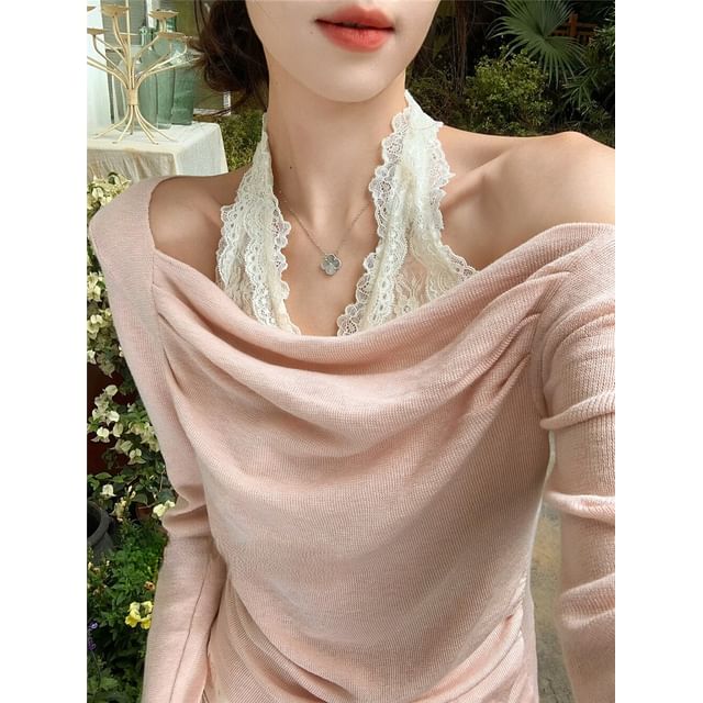 Long Sleeve Cold Shoulder Ruched Mock Two Piece Lace Panel Knit Top