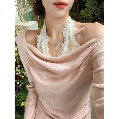 Long Sleeve Cold Shoulder Ruched Mock Two Piece Lace Panel Knit Top