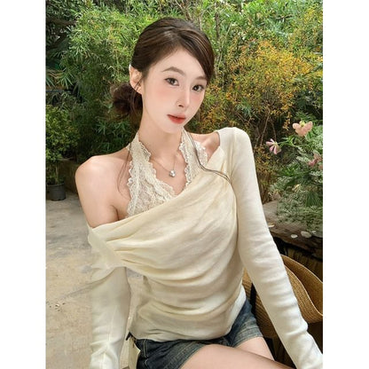 Long Sleeve Cold Shoulder Ruched Mock Two Piece Lace Panel Knit Top