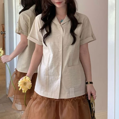 Lapel Collar Lace Panel Short-Sleeve Pintuck Blouse