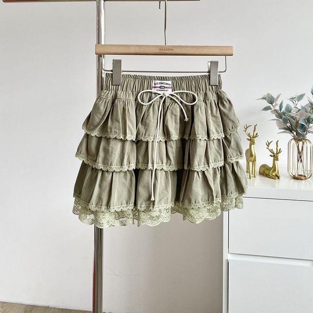 Lace Panel Tiered Mini A-Line Skirt
