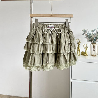 Lace Panel Tiered Mini A-Line Skirt