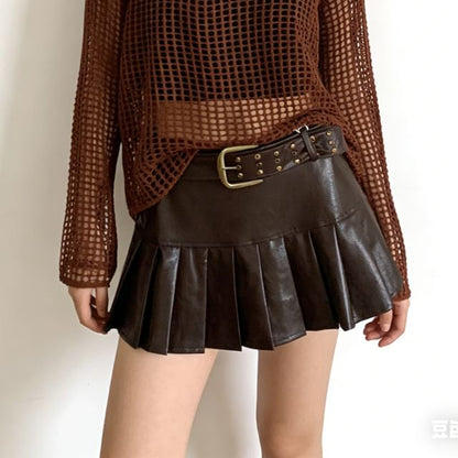Faux Leather Pleated Mini Skirt Set with Belt