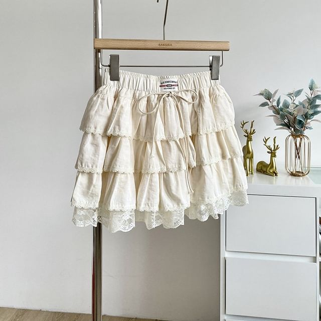 Lace Panel Tiered Mini A-Line Skirt