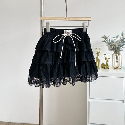 Lace Panel Tiered Mini A-Line Skirt