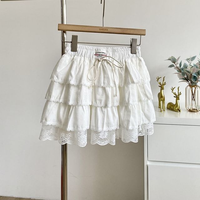 Lace Panel Tiered Mini A-Line Skirt