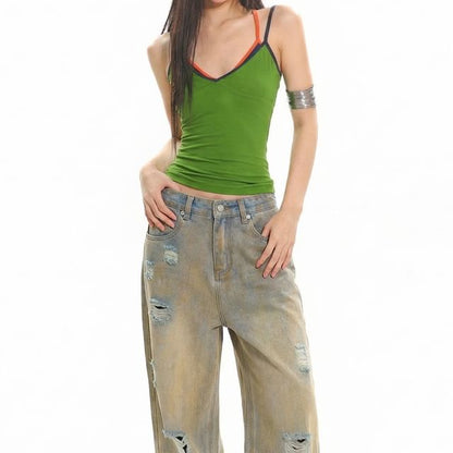 Color Block Halter V-Neck Fitted Crop Top