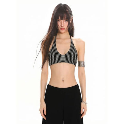 Halter V-Neck Crop Top with Open Back