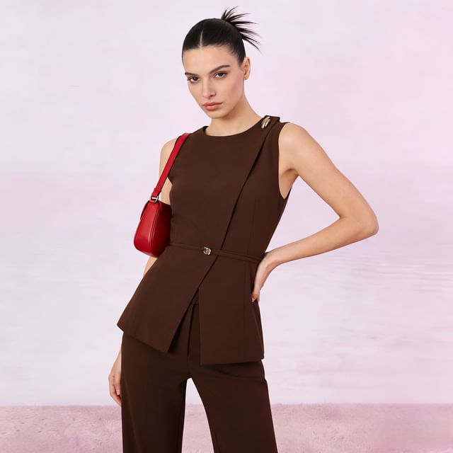 Asymmetrical Plain Sleeveless Top & Wide Leg Pants