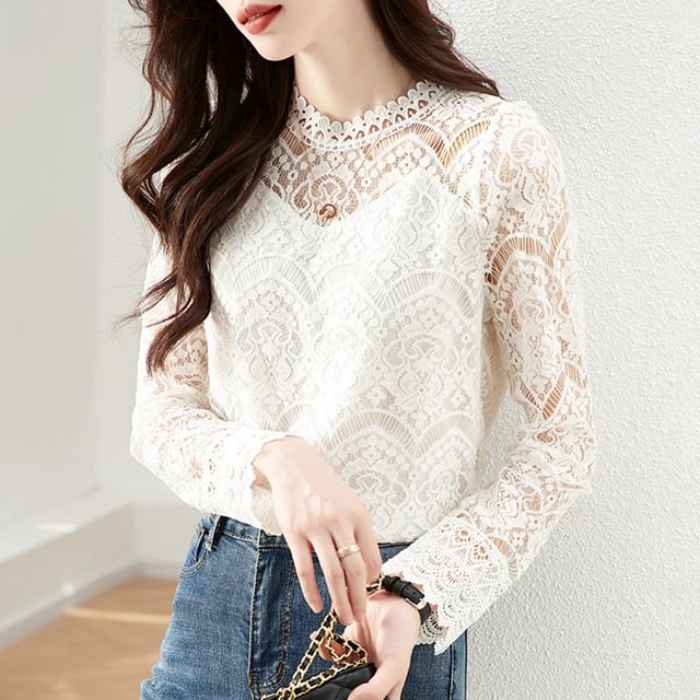 Long-Sleeve Mock Neck Lace Top