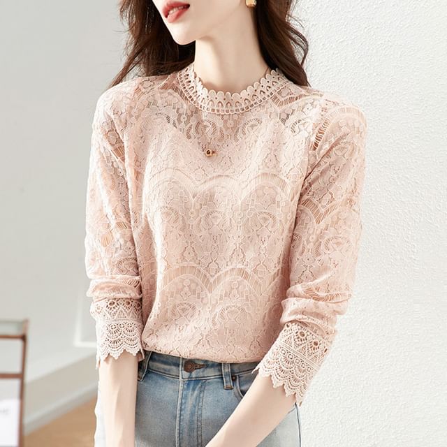 Long-Sleeve Mock Neck Lace Top