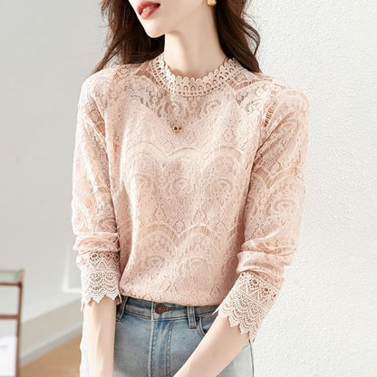 Long-Sleeve Mock Neck Lace Top