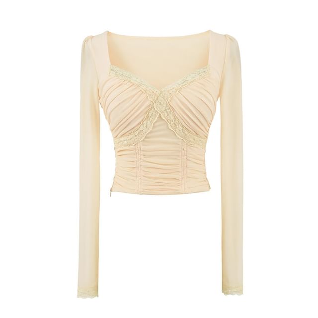 V-Neck Lace Panel Ruched Crop Long-Sleeve Tee
