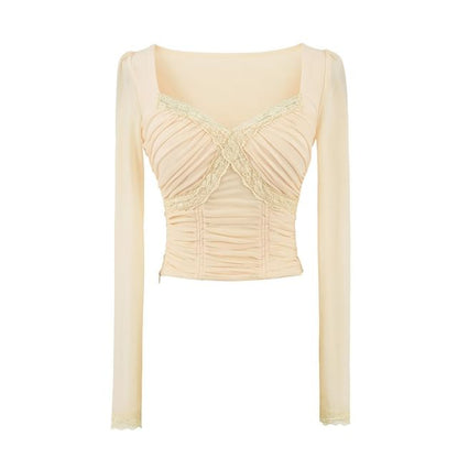 V-Neck Lace Panel Ruched Crop Long-Sleeve Tee