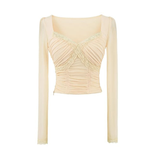 V-Neck Lace Panel Ruched Crop Long-Sleeve Tee