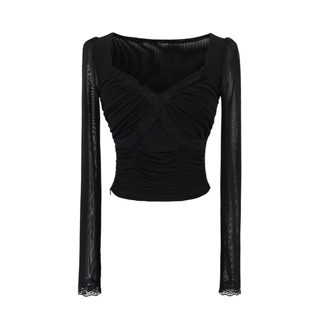 V-Neck Lace Panel Ruched Crop Long-Sleeve Tee