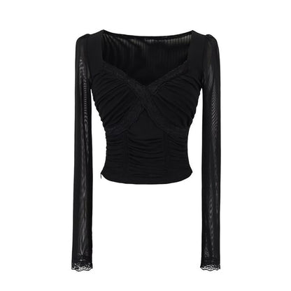 V-Neck Lace Panel Ruched Crop Long-Sleeve Tee