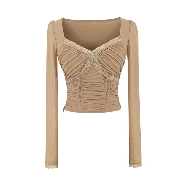 V-Neck Lace Panel Ruched Crop Long-Sleeve Tee
