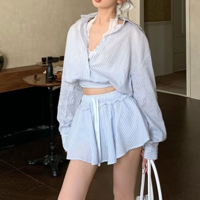 Long Sleeve Collared Striped Crop Shirt / Drawstring Waist Mini A-Line Skirt / Halter Plain Lace Top / Set