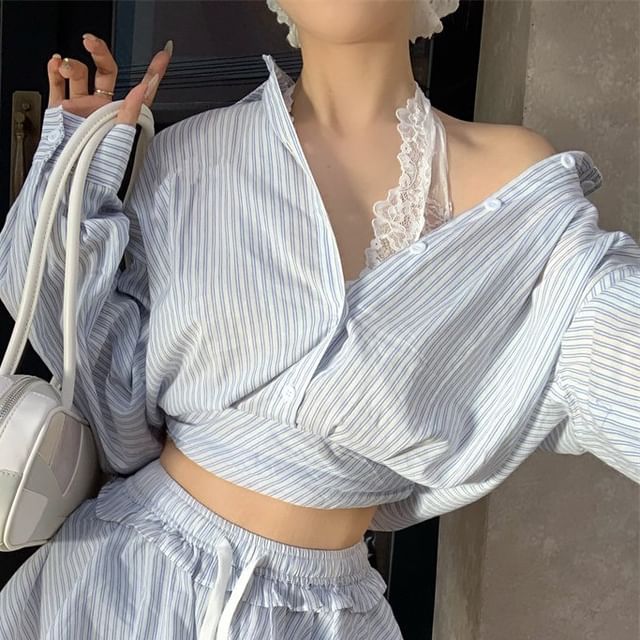 Long Sleeve Collared Striped Crop Shirt / Drawstring Waist Mini A-Line Skirt / Halter Plain Lace Top / Set