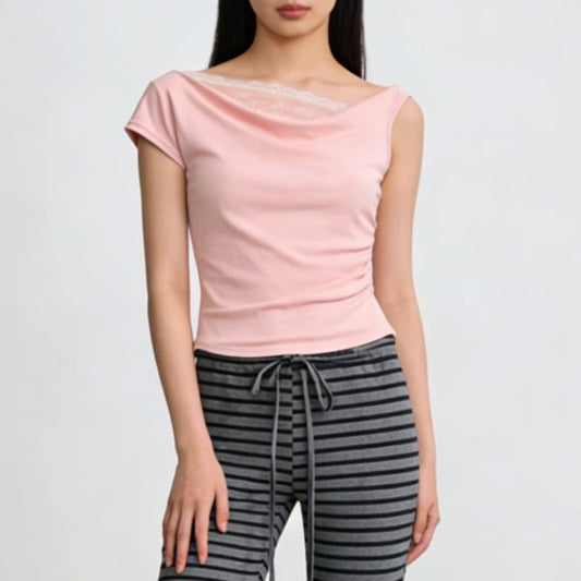 Short-Sleeve Off-Shoulder Asymmetrical Lace Panel Ruched Crop T-Shirt