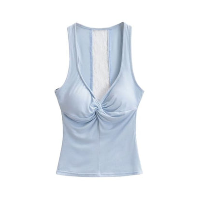 V-Neck Lace Panel Ruched Padded Crop Tank Top