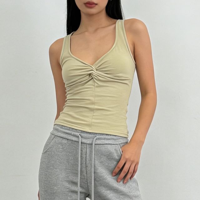 V-Neck Lace Panel Ruched Padded Crop Tank Top