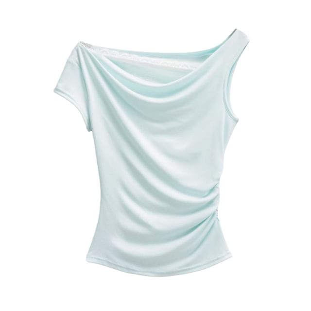 Short-Sleeve Off-Shoulder Asymmetrical Lace Panel Ruched Crop T-Shirt