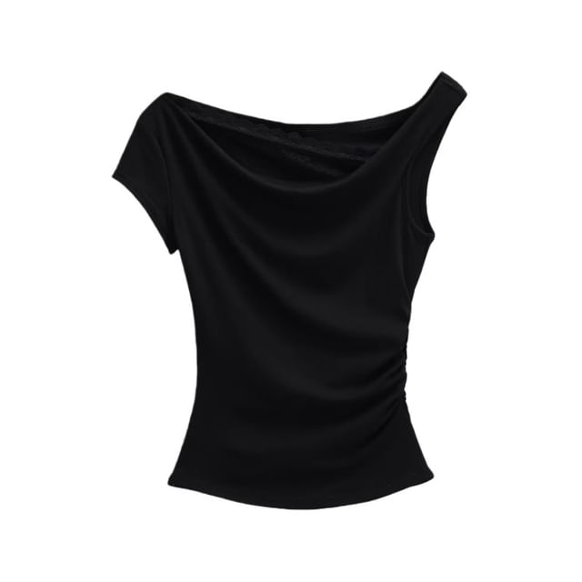 Short-Sleeve Off-Shoulder Asymmetrical Lace Panel Ruched Crop T-Shirt