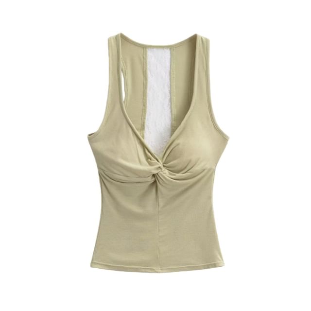 V-Neck Lace Panel Ruched Padded Crop Tank Top